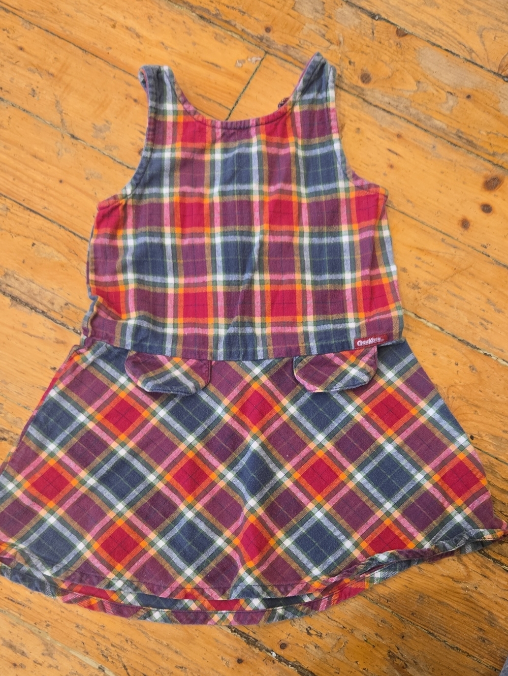 9Os OshKosh B'gosh Red Plaid Cotton Dress with Green and Yellow Accents